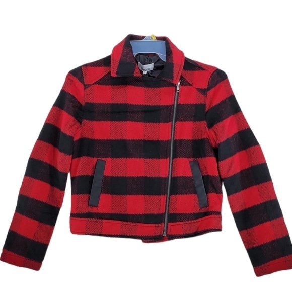 Love Chemiztry Coat Buffalo Plaid Red Black Moto Flannel Fleece Jacket Lined S L - Picture 3 of 12